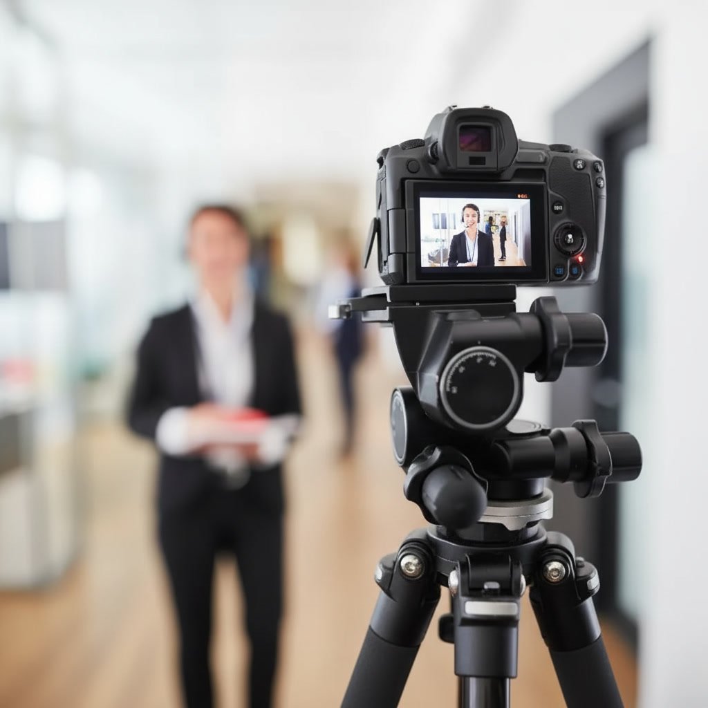 Cámara profesional grabando a presentador