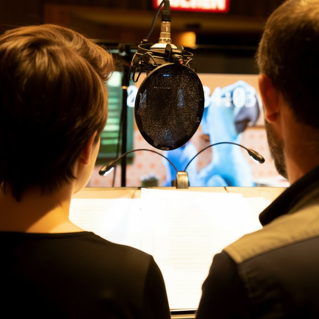 Actores realizando doblaje en español