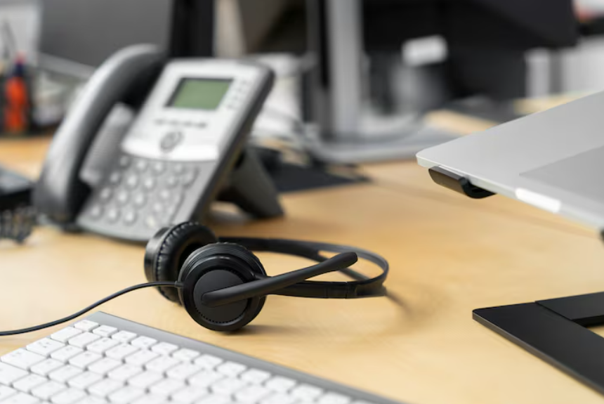 Auriculares junto a teclado y teléfono sobre escritorio